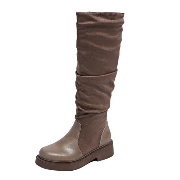Women's Fashion Thick Heel Riding Boots Grey/brown Side Zipper Durable Size 9 - Picture 1 of 16